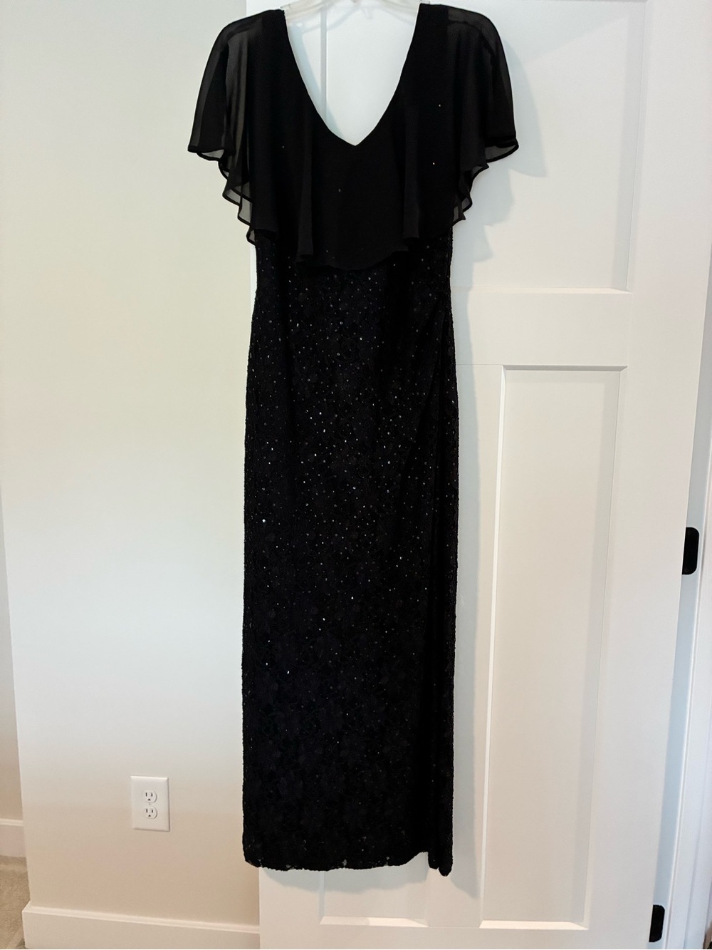12P Elegant Black Sparkle Evening Dress with Flutter Sleeve and Slip